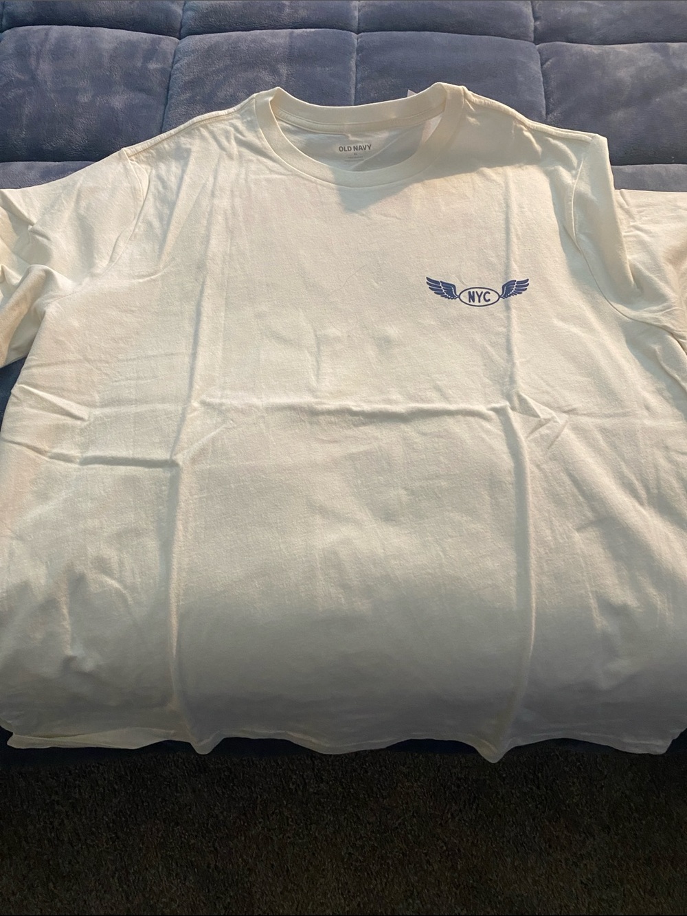 Old Navy Men's White Tee with Blue NYC Wing Logo